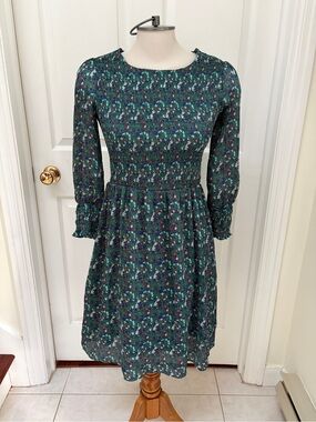 Promod Teal Floral Smocked Midi Dress ladies size 4